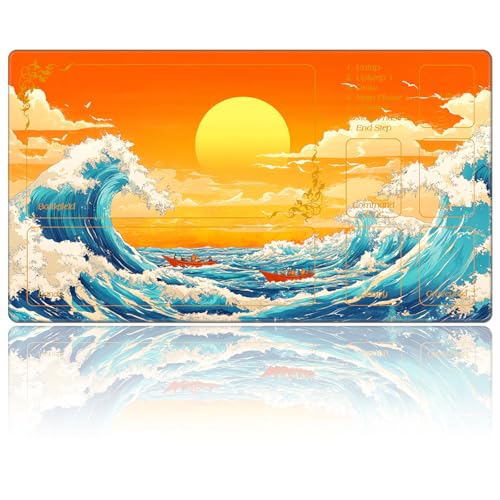 for MTG Playmat with Zones 24 x 14 inches for TCG Playmats Non-Slip Rubber Base Commander Play Mat for MTG Mat Iorcana Trading Card Game, Blue Wave At Sunset - color: Blue Wave at Sunset, size: 24" x 14"