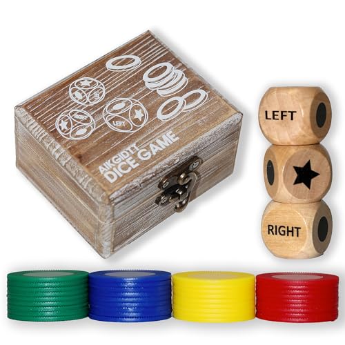 Left Right Roll Dice Game Set - 3 Wood Dice & 36 Plastic Chips in Wooden Box, Fun Family Party Dice Games for Adults, Teens & Friends, Brown - color: Brown
