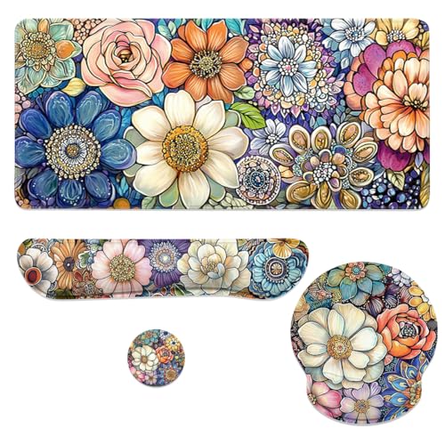 Flowers Mouse Pad Set Colorful Abstract Floral Pattern Gaming Mousepad 4in1 Desk Mat for Desktop Wrist Support Cup Coaster Set Ergonomic Computer Desk Arm Wrist for Decor Home Office - color: Floral, size: 35.4L x 15.7W inches