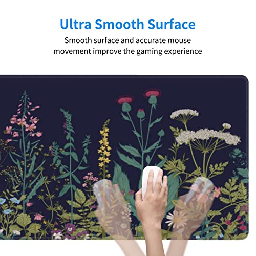 Flower Extended Gaming Mouse Pad Abstract Black Desk Mat 31.5x11.8 Inch Floral Texture Non-Slip Rubber Base Weeds Mousepad Stitched Edges Keyboard Mouse Mat Desk Pad for Office Home Game - color: Flower