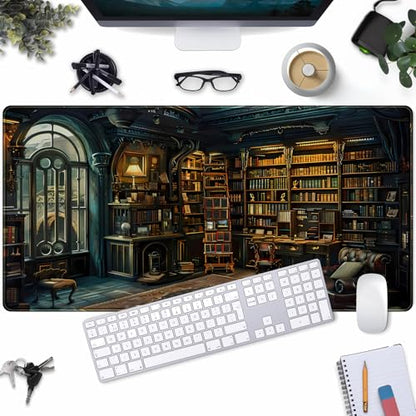 Dark Gothic Desk Mat Gaming Desk Pad Large Mouse Pad, Magician'S Fantasy Bookcase Gothic Mouse Mat XXL Laptop Keyboard Pad, Laptop Keyboard and Mouse Mat Desktop Protector Mat 31.5 X 15.7 in - color: Dark Gothic