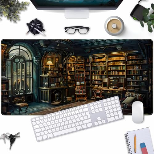 Dark Gothic Desk Mat Gaming Desk Pad Large Mouse Pad, Magician'S Fantasy Bookcase Gothic Mouse Mat XXL Laptop Keyboard Pad, Laptop Keyboard and Mouse Mat Desktop Protector Mat 31.5 X 15.7 in - color: Dark Gothic