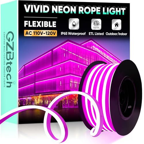 GZBtech Flexible LED Neon Rope Lights 16.4FT,AC 110-120V Waterproof Strip Light, 120LEDs/M Cuttable Connectable Neon Lighting for Indoor Outdoor Home Decor/Commercial Building Use-Pink 5M - color: Pink, size: 16.4FT