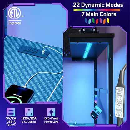 52" L-Shaped Gaming Desk with Power Outlets LED Lights, Black | Reversible Design, LED Lights, 4-Tier Storage Shelves, Headphone Hook, Foldable Cup Holder, Computer Desk, Home Office - color: Black, size: 52 Inch