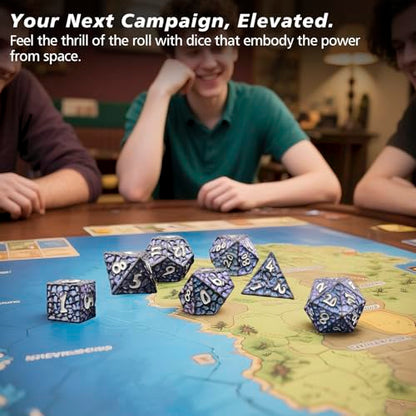 PJOY Metal DND Dice Set for Dungeons and Dragons Dice with Case Meteorite Black Blue Glitters 7PCS 16mm Role Playing Cool DND Gifts for Players D&D DM Game Masters - color: Black Blue