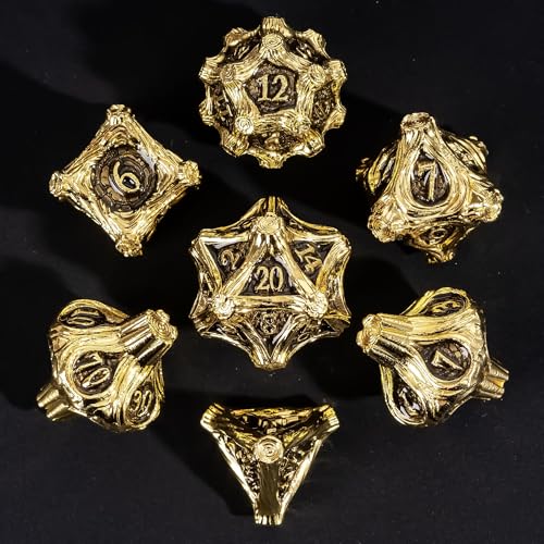 Metal Dice Set D&D 7PCS Golden Metal DND Dice Set for Tabletop Games | Leather Storage Bag, DM Gift, for Dungeons and Dragons Role Playing Games - color: Metal Tree-goldenblack