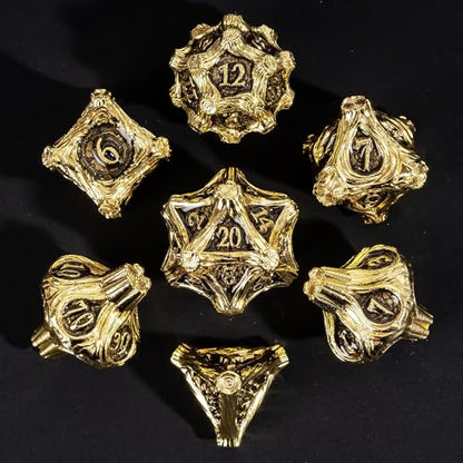 Metal Dice Set D&D 7PCS Golden Metal DND Dice Set for Tabletop Games | Leather Storage Bag, DM Gift, for Dungeons and Dragons Role Playing Games - color: Metal Tree-goldenblack