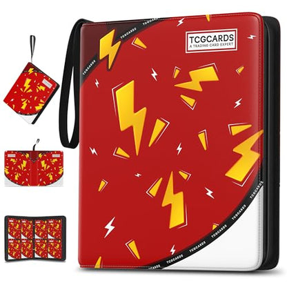 Trading Card Binder 4 Pocket,400 Pocket Card Collection Binder with 50 Removable Sleeves,PU Waterproof Top Card Book,3-Ring Zipper Collectible Trading Card Album for MTG/TCG/Card Holder Gift（Red） - color: Red, size: Small