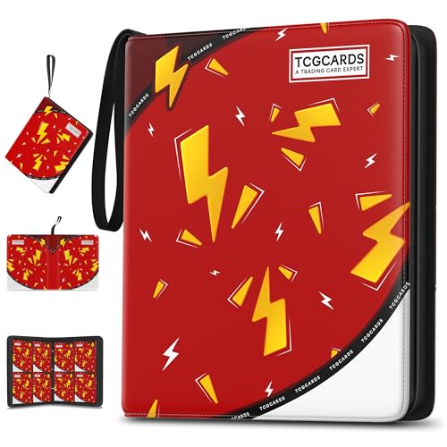Trading Card Binder 4 Pocket,400 Pocket Card Collection Binder with 50 Removable Sleeves,PU Waterproof Top Card Book,3-Ring Zipper Collectible Trading Card Album for MTG/TCG/Card Holder Gift（Red） - color: Red, size: Small