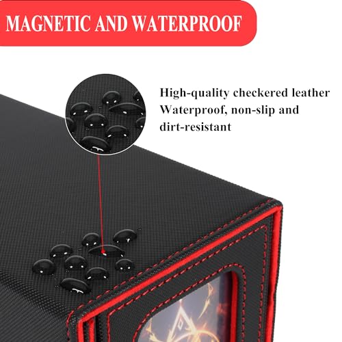 Card Deck Box for Trading Cards with Dice Storage, Double window separation Box Holds 200+ Single Sleeved Cards, PU Leather Magnetic Closure Storage Case for Magic Commander TCG CCG (Black&Red)