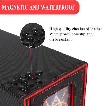 Card Deck Box for Trading Cards with Dice Storage, Double window separation Box Holds 200+ Single Sleeved Cards, PU Leather Magnetic Closure Storage Case for Magic Commander TCG CCG (Black&Red)