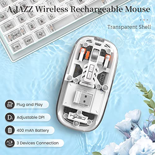 A.JAZZ Wireless Bluetooth5.1&2.4G Mini Lightweight Mouse,Transparent Clear Cool,Rechargeable Silent Computer Mice,Nano USB C Receiver,LED Battery Magic Silm for Office/PC/Mac/Laptop/Apple/ipad(White) - color: White