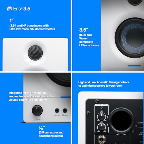 PreSonus Eris 3.5 Studio Monitors (White), Pair — 3.5" Inch Powered Bookshelf Speakers, Stereo, Desktop Computer, Near Field Music Production, Audio Mixing Recording | 50W Class-Ab, 3.5 Woven Woofer, 1 Silk-Dome Tweeter, 80-20khz, Trs and Rca/1/8 Inputs,