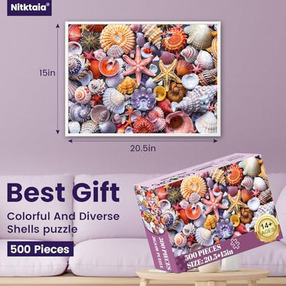 500 Pieces Jigsaw Puzzles for Adults–Colorful Beach Shells Puzzle for Adults Elderly–Recycled Paper Puzzle 500 Pieces–Glossy, Sturdy Pieces Challenging Family Game Great Gift Idea (20.5x15in) - color: Shell