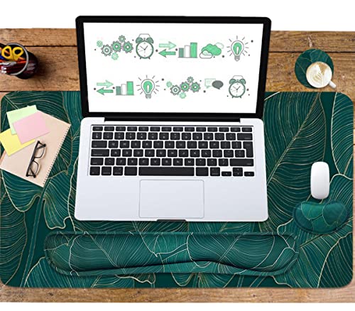 Ergonomic Large Mouse Pad and Keyboard Wrist Rest, Desk Pad for Keyboard and Mouse, 4-in-1 Large Gaming Mouse Pad with Wrist Support for Home Office Study Game-Green Leaves - color: Green Leaves