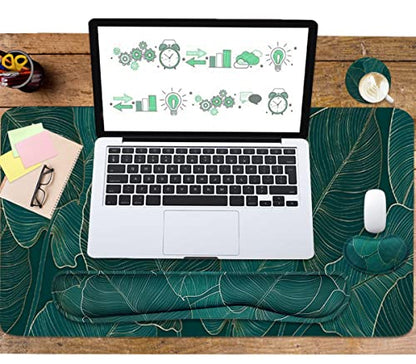 Ergonomic Large Mouse Pad and Keyboard Wrist Rest, Desk Pad for Keyboard and Mouse, 4-in-1 Large Gaming Mouse Pad with Wrist Support for Home Office Study Game-Green Leaves - color: Green Leaves