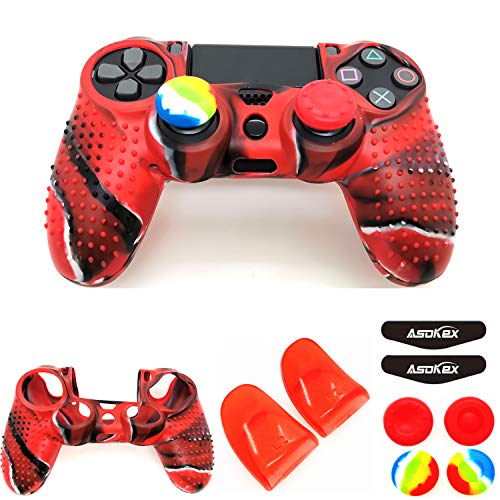 Silicone Skin Cover for Ps4 Controller (1pc Anti-Slip Case, 1 Pair L2 R2 Trigger Extender, 4pcs Thumb Grips,4pcs LED Light Bar Decal) Protector for DualShock PS4/ Slim/Pro Controller (red granular) - color: red granular