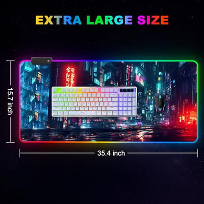 ARTSO RGB Gaming Mouse Pad Large, Extended Soft Led Mouse Pad with 14 Lighting Modes 2 Brightness, Water Resist Keyboard Pad, Computer Mousepads Mat 35.4x15.7inch, Night City - color: Night City