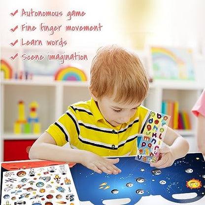 ASTARON Reusable Sticker Book for Toddlers, 88 Pcs Space Stickers Road Trip Activities Car Airplane Activities Travel Toys for Kids, Kids Quiet Time Activities (2-6 Age) - style: Space
