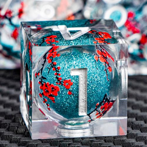 ARUOHHA DND Resin Dice Plum Blossom Liquid Core Dice Silver Blue Sharp Edged Dragons Polyhedral Dice Set with Gift Box, Role Playing Game Dungeons D and D Dice Set D20 D12 D10 D6 D4 - color: Flower&silver Blue