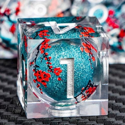 ARUOHHA DND Resin Dice Plum Blossom Liquid Core Dice Silver Blue Sharp Edged Dragons Polyhedral Dice Set with Gift Box, Role Playing Game Dungeons D and D Dice Set D20 D12 D10 D6 D4 - color: Flower&silver Blue