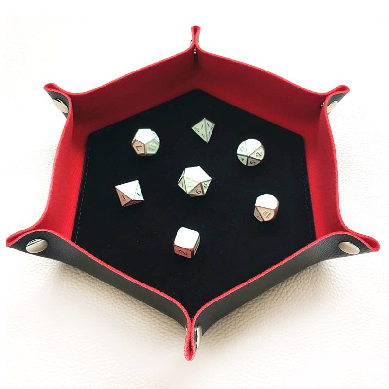 BESCON DICE Hexagon Folding PU Leather & Velvet Dice Tray, Portable Dice Holder for DND, RPG, MTG, & Other Table Games, Black & Red - color: Red&black
