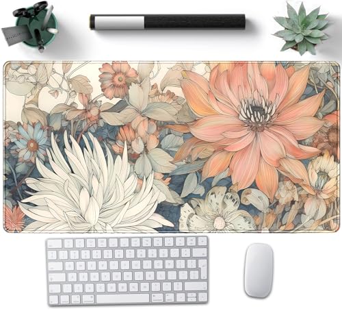 Japanese Floral Desk Mat Boho Aesthetic Flower Desk Matt for Desktop Large XXL Gaming Mouse Pad Extended Deskpad Laptop Keyboard Computer Mat Office Decor for Women 31.5 X 15.7 - color: A1- Pastel Flower