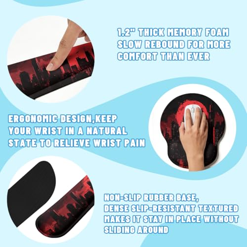 Dark City Desk Mat Set Red Moon Gothic Skyline Neon Mouse Pad with Wrist Rest 4in1 Desk Mat for Desktop Ergonomic Computer Desk Arm Wrist Anti-Slip Computer Ergonomic Mouse Pad Home Office Gaming - color: Dark City
