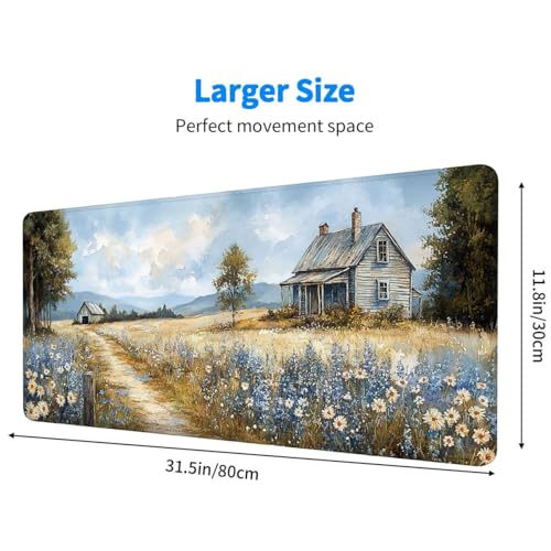 Farmhouse Extended Mouse Pad Wildflower Retro Grassland Blue Sky Mousepad XL Large Gaming Mouse Pad Laptop Keyboard Mat Desk Pad Daily Use with Keyboard and Laptop Devices 31.5x11.8 Inch - color: Farmhouse, size: 31.5L x 11.8W inches