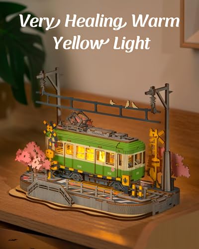 Rolife 3D Wooden Puzzle for Adults, Sakura Journey Tram DIY Model Building Kits with LED Lights, Creative Kids Craft Hobby Gift and Brain Teaser Home Decor Assembly Toy