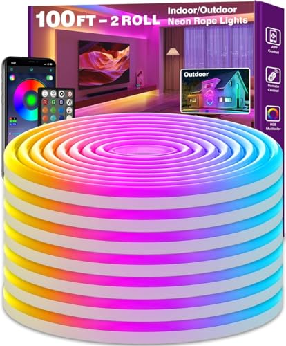SINLEY Led Neon Rope Lights 100FT,Control with App/Remote,Flexible Led Rope Lights,Multiple Modes,IP68 Outdoor RGB Neon Lights Waterproof,Music Sync Gaming Led Strip Lights for Bedroom Indoor - size: 100FT