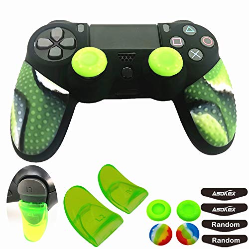 Silicone Skin Cover for Ps4 Slim/Pro DualShock Controller(1pc Anti-Slip Case, 1 Pair L2 R2 Trigger Extender, 4pcs Thumb Grips,4pcs LED Light Bar Protector Decal)(Double Green granular) - color: Double Green granular