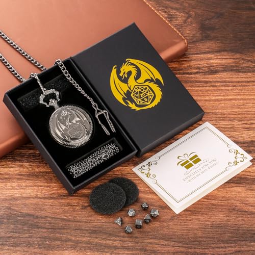 Mini DND Dice Set with Dragon Engraved Pocket Watch Shell Case, 7pcs Polyhedral Metal D&D Dice Set, DND Gifts with Gift Box, Role Playing Board Games Accessories, Dark Silver - color: Dark Silver