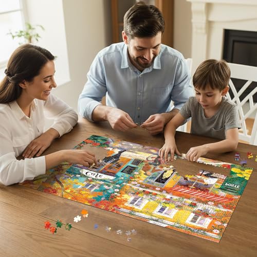Romantic Cafe Puzzles for Adults 1000 Pieces,27.6x19.7in | Challenging Street Scene Jigsaw Puzzle,No Dust,Recycled Paper,Letters on Back,Stress Relief Gift for Family Games - color: Romantic Cafe