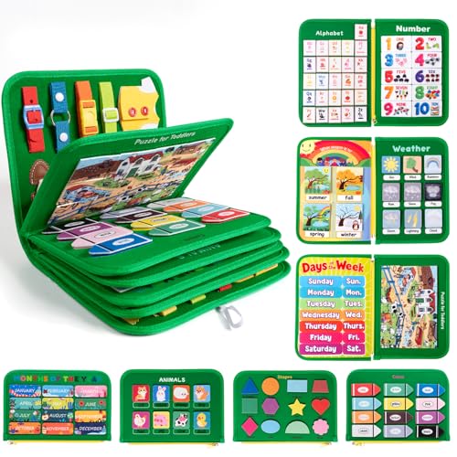 Toddler Busy Board Montessori Toys for Kids, 12-Page Quiet Busy Book, 24 in 1 Educational Activity Sensory Learning Toy Motor Skills, Travel Toys for Car Airplane, Boy Girl Birthday Gifts (Dinosaur) - color: Green