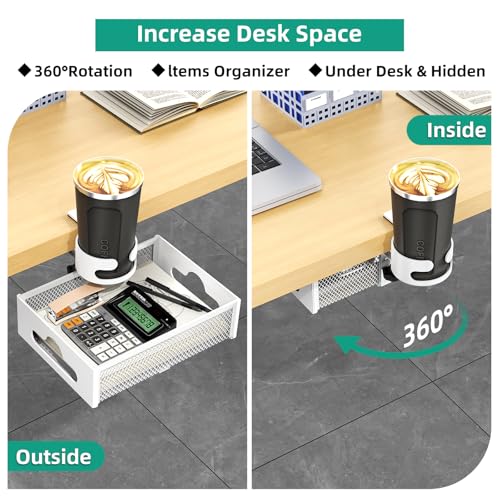 CABTE Desk Cup Holder with Drawer Organizer with 360° Rotation | Anti-Spill Clip-On Table Cup Hook Hidden Storage Box for Office Home Gaming Table (White) - color: White