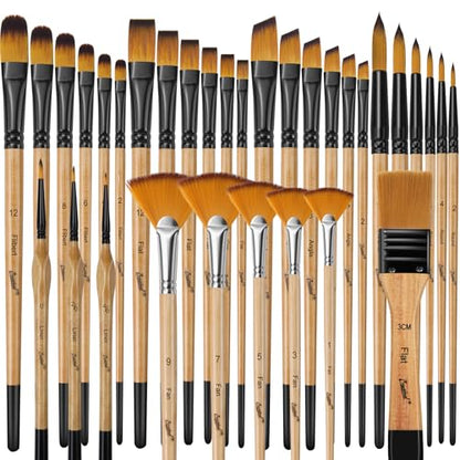 Bougimal 33 Pcs Paint Brush Set, No-Shedding Artist Paint Brushes | Art Paint Brushes with Flat Round Filbert Fan Angle Detail Brush for Acrylic, Oil, Watercolor, for Artists & Beginners - color: Wooden 2