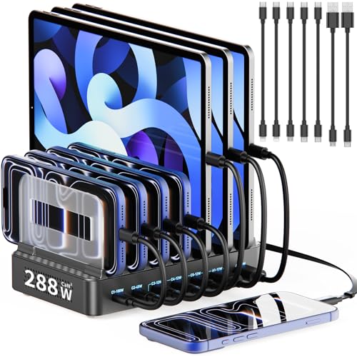 288W Charging Station for Multiple Devices, 8-Port Multi USB C Fast Charger Station Dock with Adjustable Dividers & 7 Cables,Multi-Purpose Desktop and Wall Fast Charger for iPhone, iPad,Tablets & More