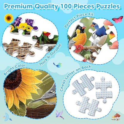 4-Pack 100 Piece Puzzles for Kids Ages 6-8 8-10 Year Old, Birds Puzzles, Large Piece Puzzle for Seniors 100 Pieces Adults Jigsaw Puzzle, Learning Educational Toys for Boys and Girls - style: Cardinals Birds Hummingbirds