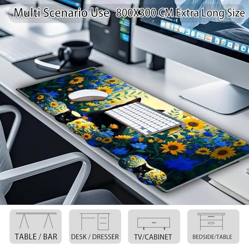 Large Gaming Mouse Pad Set with Wrist Support – 31.5" x 11.8" 4-in-1 XXL Mousepad with Keyboard Wrist Rest, Mouse Wrist Rest & Coaster – Ergonomic Desk Mat for Office, Home – Black Cat Flower - color: Black Cat Flower