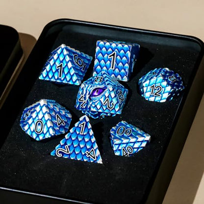 Metal Dice Set D&D,7 PCS Dragon Scale Metallic DND Dice Set,Dragon Eye Metal Dice with Grogeous Gift Case for Dungeons and Dragon Tabletop Game (Blue Dragon Scale & Purple Eye) - color: Blue Dragon Scale & Purple Eye