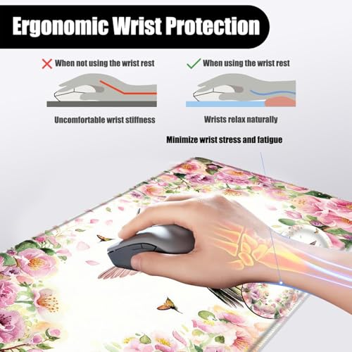 Mouse Pad,Large Desk Mat Set, 4in1 XL Mousepad + Keyboard Wrist Rest+Mouse Wrist Rest+Coaster with Ergonomic Desk Pad for Home Office Table Computer Cover -Flower Hummingbird - color: Flower Hummingbird