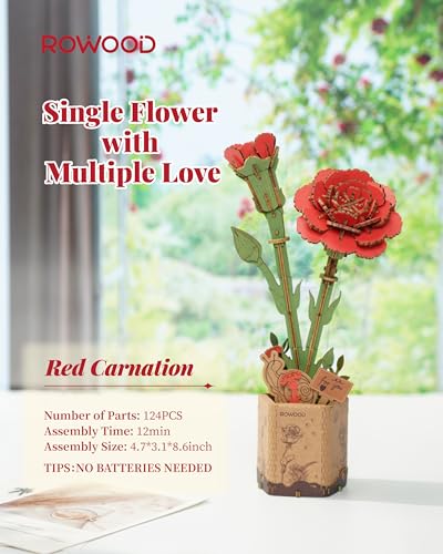 rowood 3D Puzzle Wooden Flower,DIY Artifical Flower Building Set Craft Kit for Women,Mother's Day/Valentine's Day/Teacher's Day/Thanksgiving/Christmas/Birthday Gift for Mom/Grandma-Red Carnation - style: Red Carnation