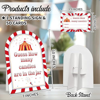 Carnival Guess How Many Candies Are In The Jar Game Set, 50 Guess Cards With 1 Standing Sign, Circus Theme Baby Shower Game Kit, Neutral Gender Reveal Party Decor & Activity Supplies - A10 - color: Circus
