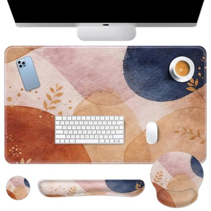 Britimes Abstract Boho Keyboard Mouse Pad Set 4in1 Large Mousepad+Keyboard Wrist Rest+Mouse Wrist Rest+Coaster Set with Ergonomic Design for Home Office Computer 35.4x15.7 inches - color: Abstract Boho