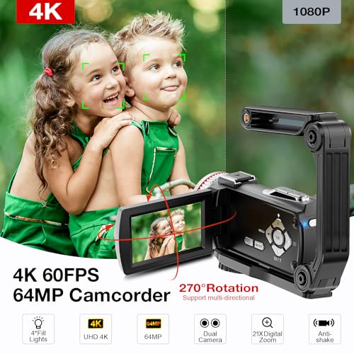 Digital Video Camera Camcorder 4K, 64MP UHD Vlogging Dual Camera for YouTube, 21X Digital Zoom HD Screen Vlog Camera with External Microphone, Stabilizer, Remote, 2 Batteries, Remote, Memory Card
