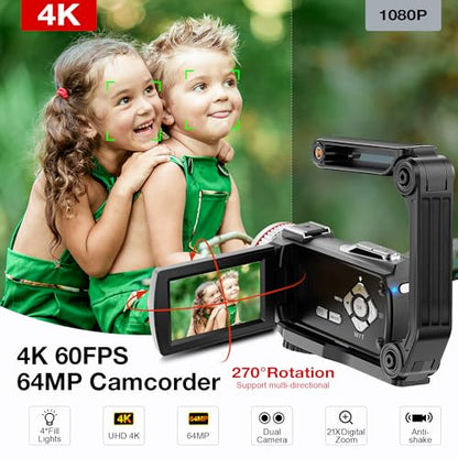 Digital Video Camera Camcorder 4K, 64MP UHD Vlogging Dual Camera for YouTube, 21X Digital Zoom HD Screen Vlog Camera with External Microphone, Stabilizer, Remote, 2 Batteries, Remote, Memory Card