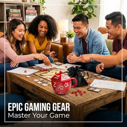 D20 Mug Gift Set by Generix Geek — 7 Red Polyhedral Dice, Ceramic Mug with Lid & Vegan Leather Pouch | DND Dungeons Dragons Tabletop RPG Gift