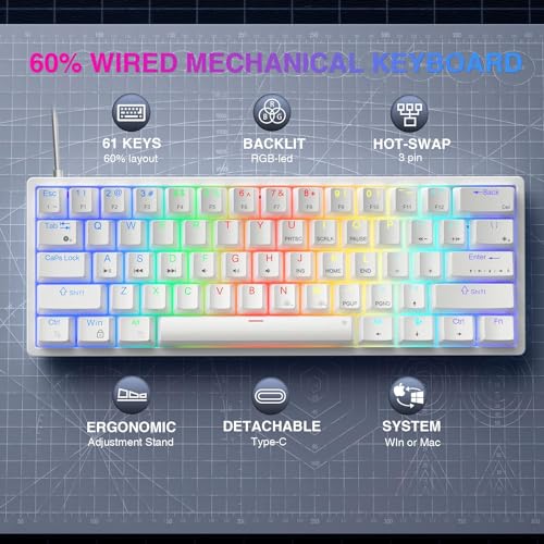 AULA 60 Percent White Mechanical Gaming Keyboard, 29 RGB Backlit Custom Hot Swappable Keyboards, Red Switch 60% Mini Small Wired Compact Design for PC/Mac/Laptop/Wins(Wired Version)