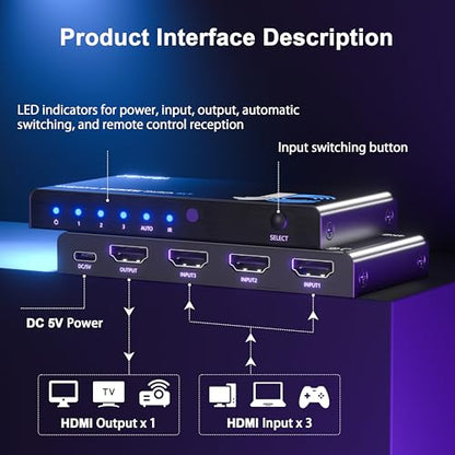 HDMI Switch 3 in 1 Out, 4K@60Hz Switcher Splitter, Auto-Switching HDMI 2.0 Switcher with Remote, HDCP 2.2/HDR/3D, Works with PS5/PS4/Switch/Xbox/PC - size: 1x3 HDMI Switch 4k